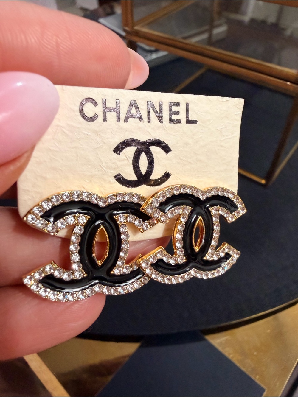 Black and Gold Crystal CC Logo Earring Studs | NEW - Picture 2 of 6